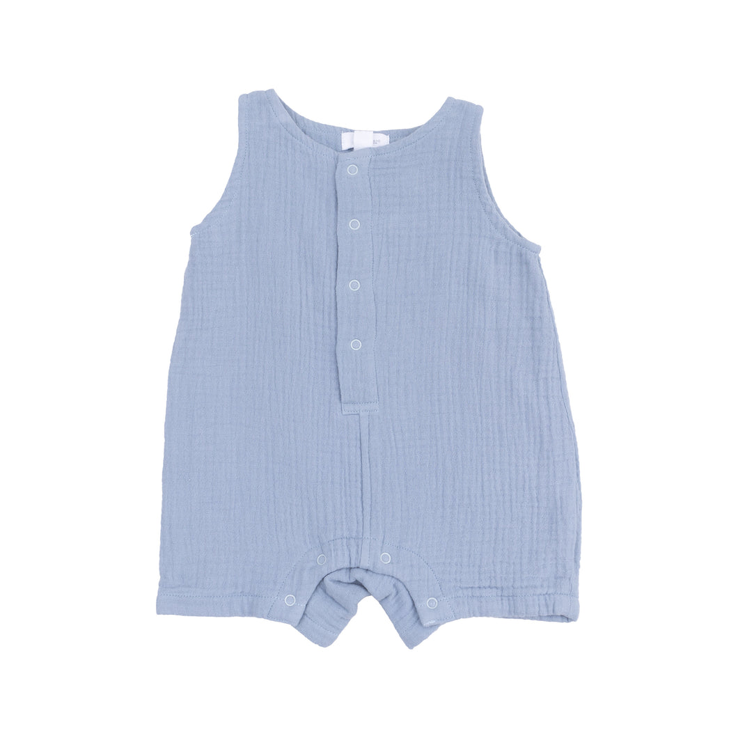Solid Dusty Blue Organic Cotton Muslin Sleeveless Shortie Romper