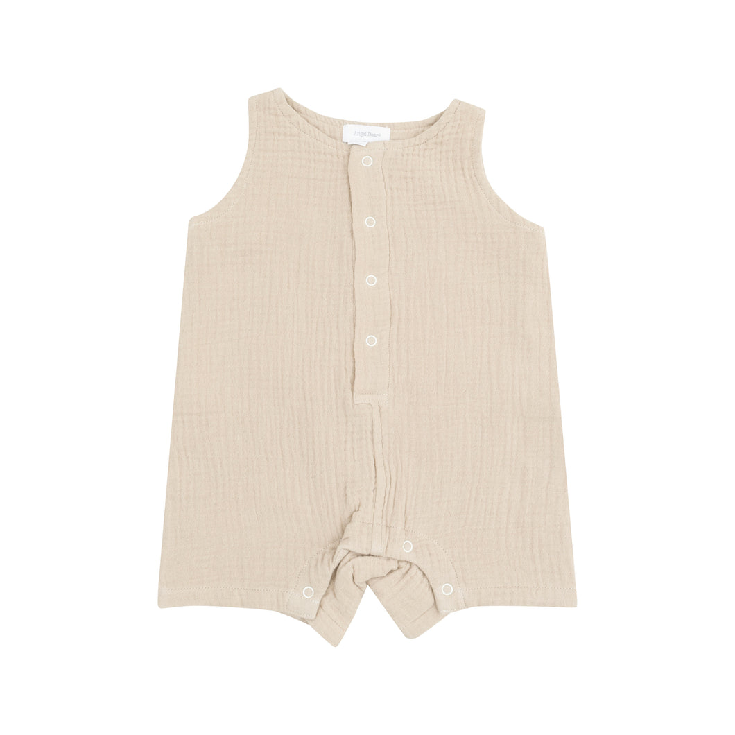 Solid Oxford Tan Organic Cotton Muslin Sleeveless Shortie Romper