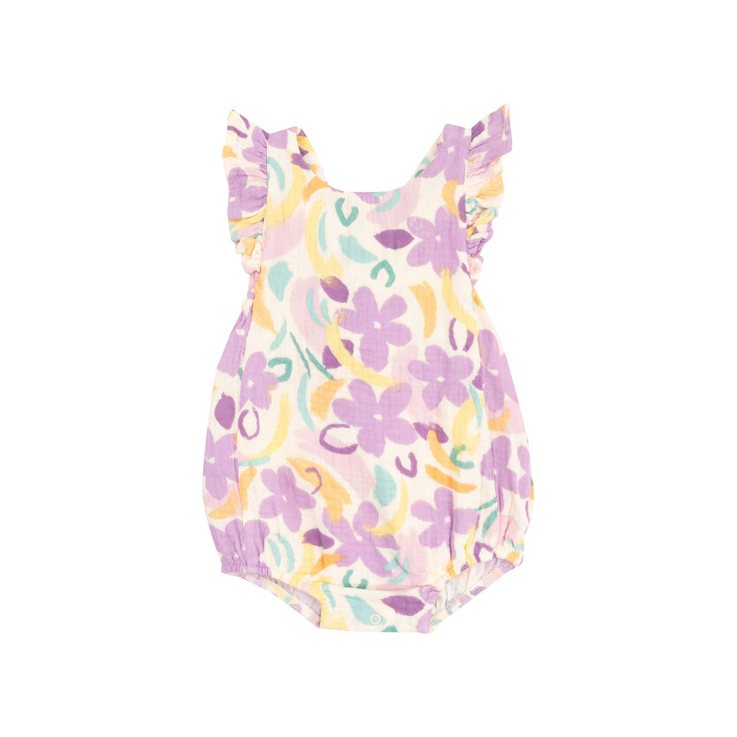 Painty Daisy Organic Cotton Muslin Ruffle Sleeve Sunsuit