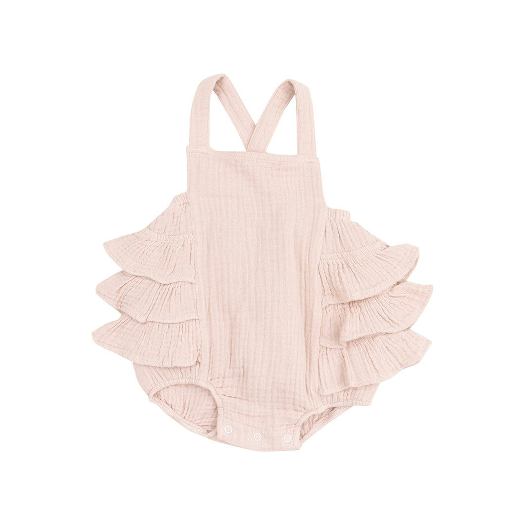 Solid Rose Smoke Organic Cotton Muslin Ruffle Sunsuit
