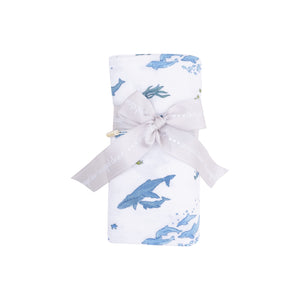 Watercolor Blue Whales Organic Cotton Muslin Swaddle Blanket