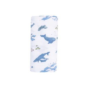 Watercolor Blue Whales Organic Cotton Muslin Swaddle Blanket
