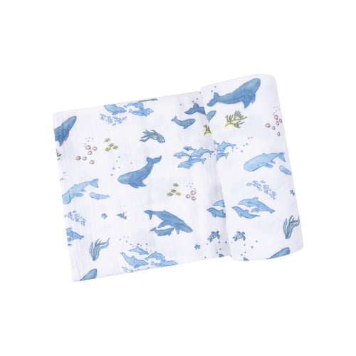 Watercolor Blue Whales Organic Cotton Muslin Swaddle Blanket