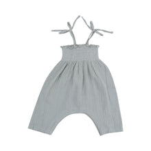 Solid Slate Gray Organic Cotton Muslin Tie Strap Smocked Romper