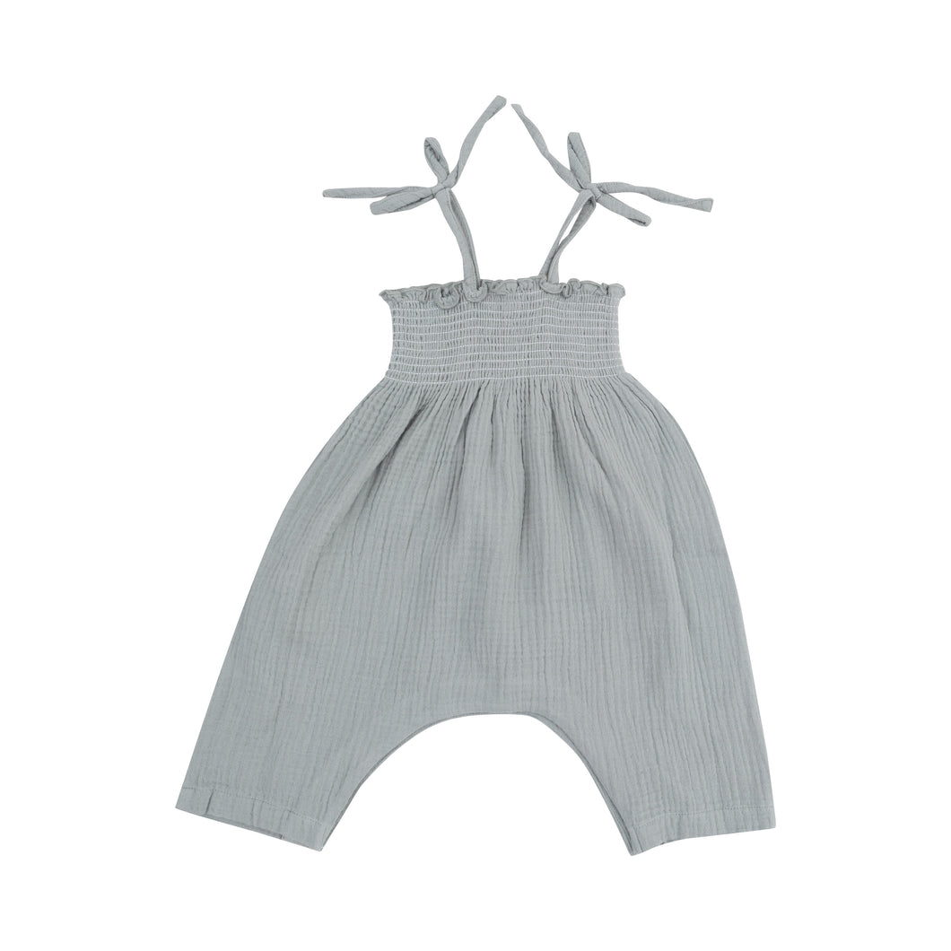 Solid Slate Gray Organic Cotton Muslin Tie Strap Smocked Romper