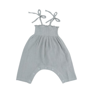 Solid Slate Gray Organic Cotton Muslin Tie Strap Smocked Romper