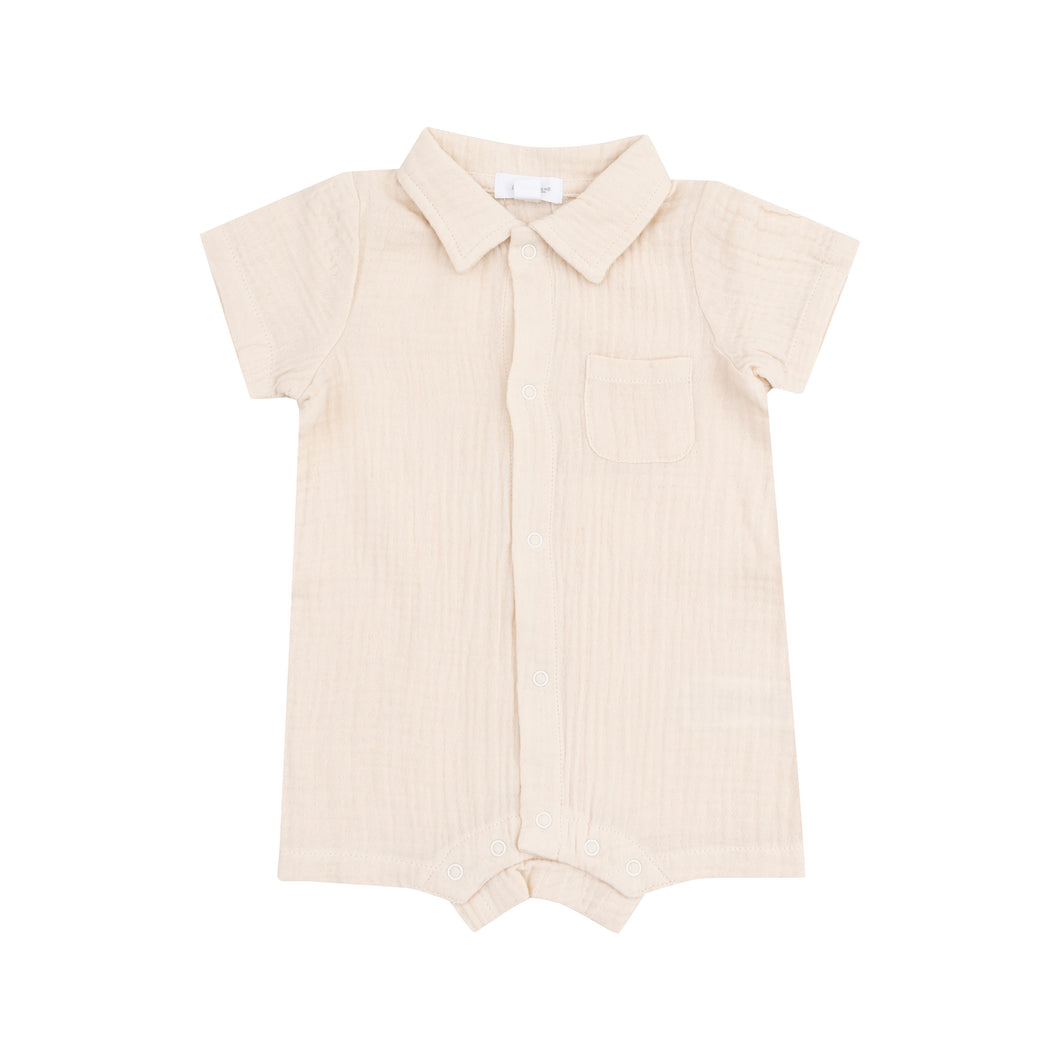 Solid White Swan Organic Cotton Muslin Button Down Polo Shortie Romper