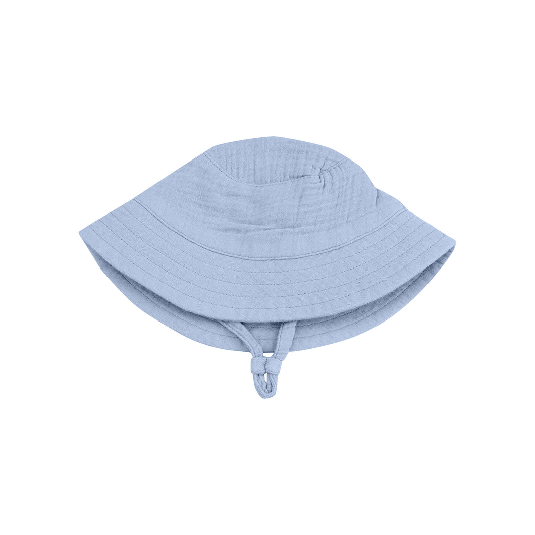 12-24mos Solid Dusty Blue Organic Cotton Muslin Bucket Hat with Chin Strap