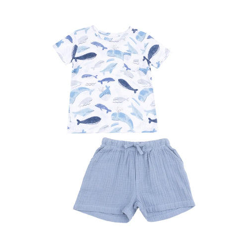 Blue Whales Short-Sleeve Crew Neck Tee w/ Pocket & Organic Cotton Muslin Short Set