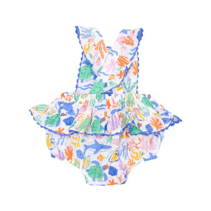 Colorful Reef Organic Cotton Muslin Ric-Rac Ruffle Sunsuit