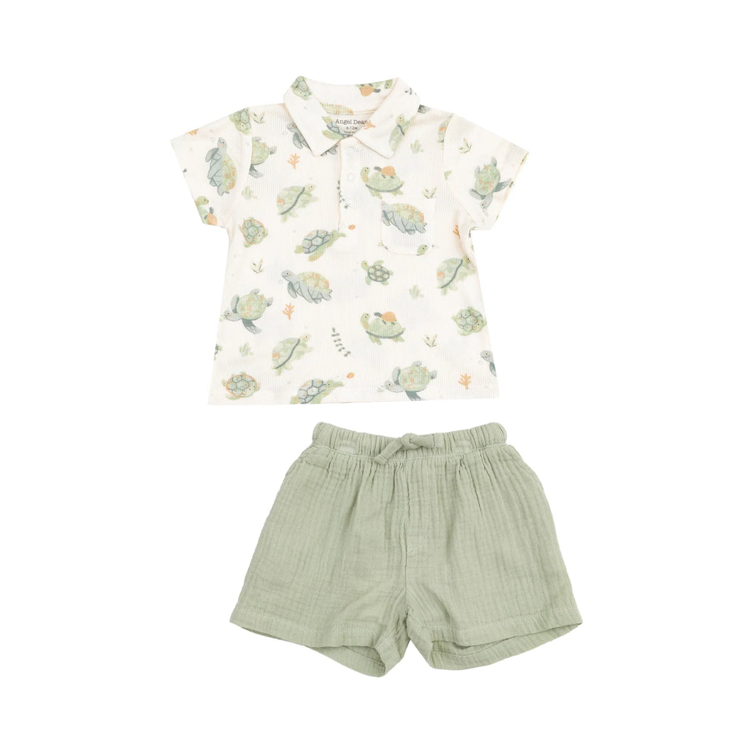 Sea Turtles Polo Shirt & Organic Cotton Muslin Short Set