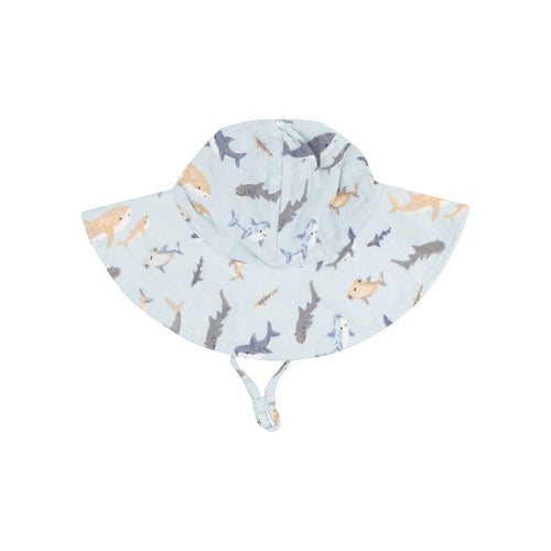 Sharks Organic Cotton Muslin Wide Brim Sunhat with Chin Strap