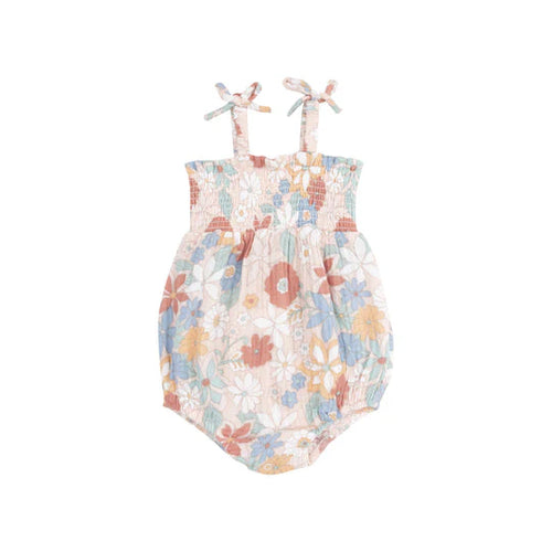 Tropical Retro Floral Faux Bow Tie Strap Smocked Bubble Romper