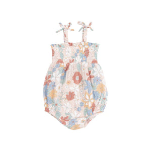 Tropical Retro Floral Faux Bow Tie Strap Smocked Bubble Romper