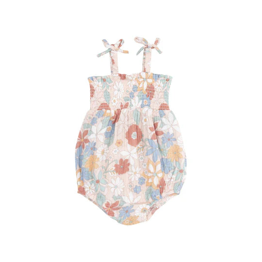 Tropical Retro Floral Faux Bow Tie Strap Smocked Bubble Romper