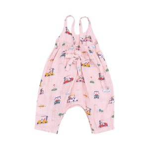 3-6mos Golf Cart Cuties - Pink Organic Cotton Muslin Tie Back Romper