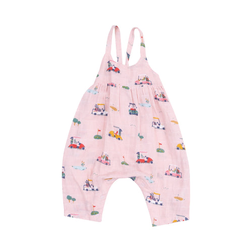 Golf Cart Cuties - Pink Organic Cotton Muslin Tie Back Romper