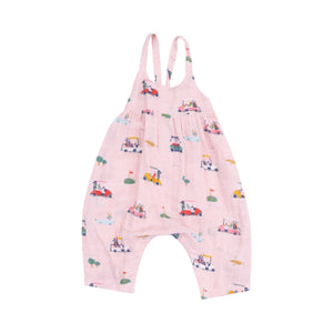 Golf Cart Cuties - Pink Organic Cotton Muslin Tie Back Romper