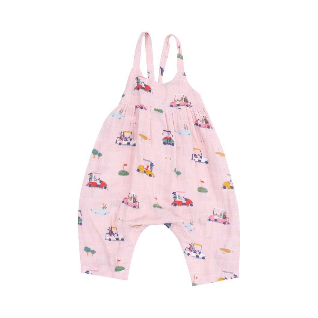 3-6mos Golf Cart Cuties - Pink Organic Cotton Muslin Tie Back Romper