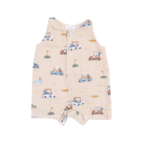 Golf Carts Cuties - Oatmilk Organic Cotton Muslin Sleeveless Shortie Romper