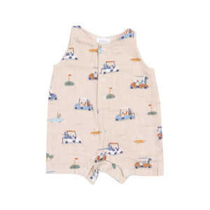 Golf Carts Cuties - Oatmilk Organic Cotton Muslin Sleeveless Shortie Romper