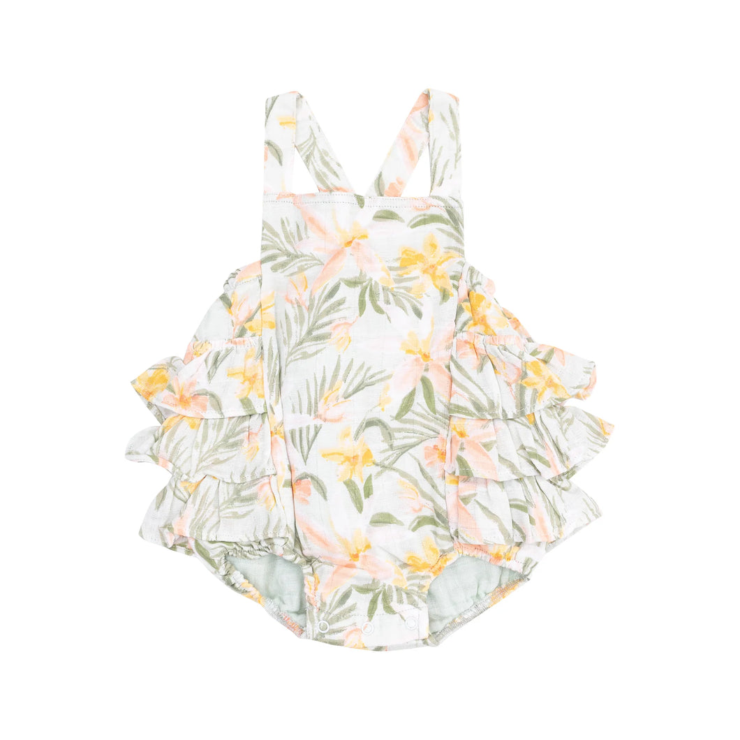 Island Floral Organic Cotton Muslin Ruffle Sunsuit