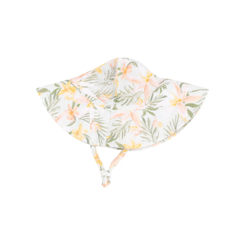 Island Floral Organic Cotton Muslin Wide Brim Sunhat with Chin Strap
