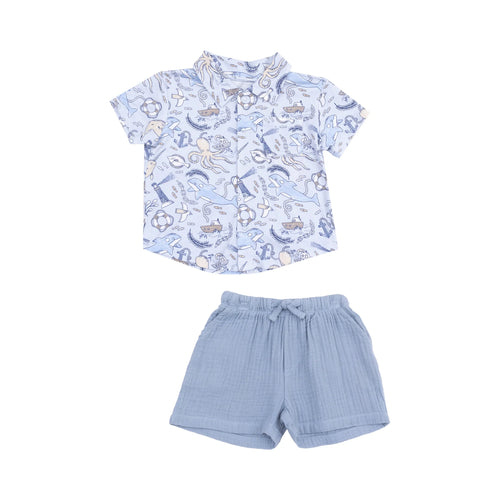 Nautical Notebook Button Down Polo Shirt & Organic Cotton Muslin Short Set