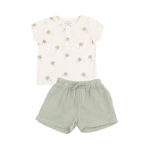 Palm Trees Ribbed Modal Henley with Pocket Shirt & Organic Cotton Muslin Short Set