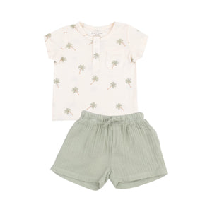 Palm Trees Ribbed Modal Henley with Pocket Shirt & Organic Cotton Muslin Short Set