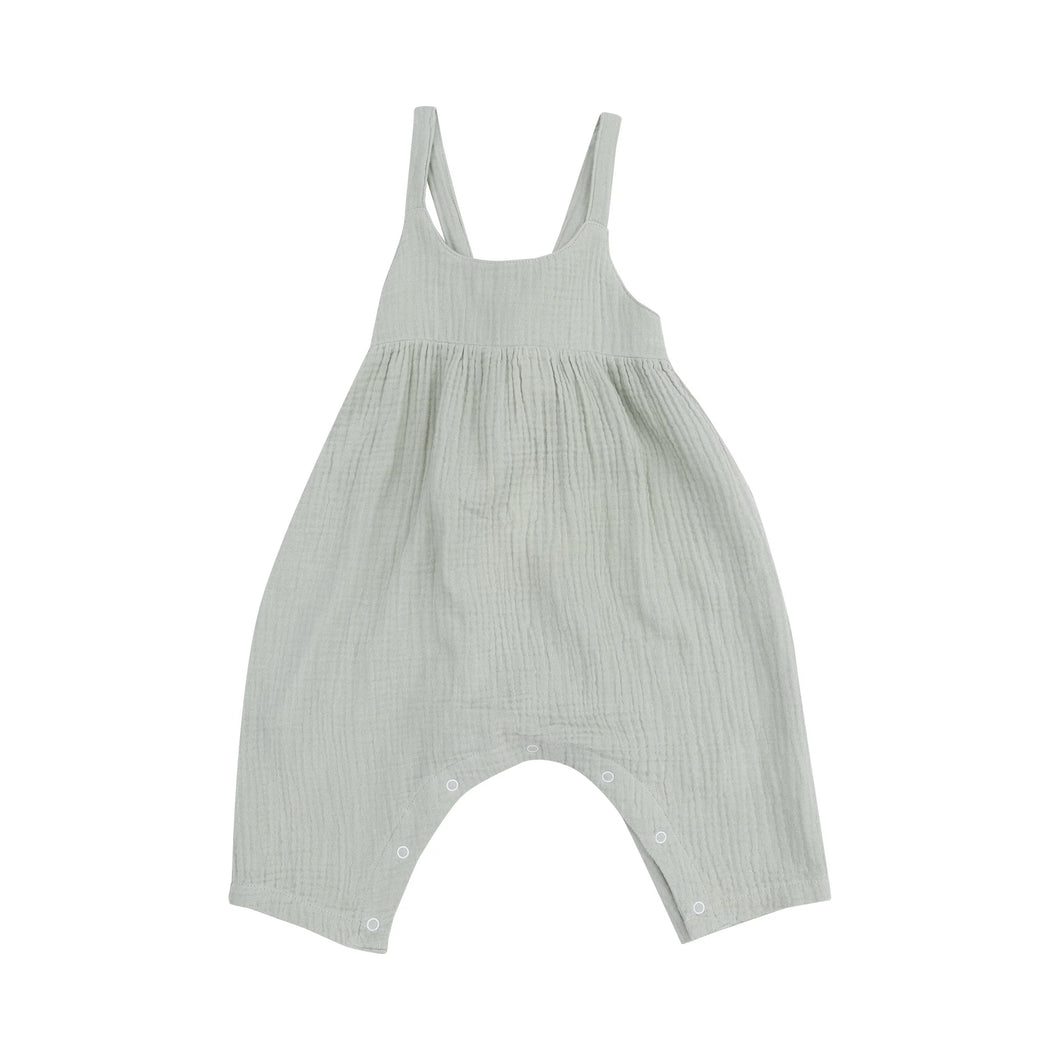 Solid Desert Green Organic Cotton Muslin Tie Back Romper