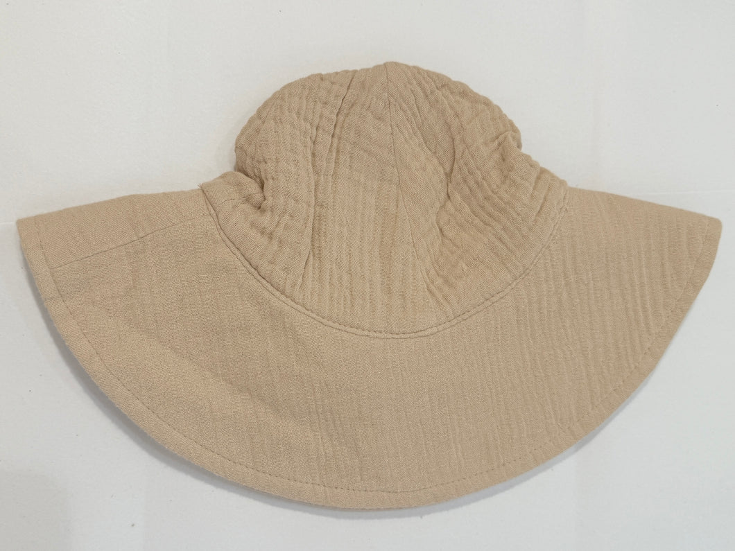 Solid Oxford Tan Organic Cotton Muslin Wide Brim Sunhat with Chin Strap