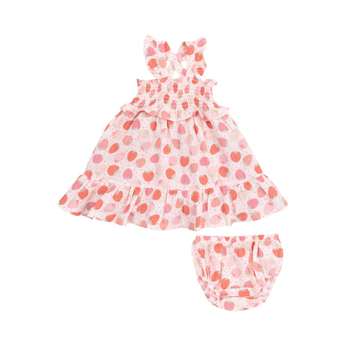 Strawberry Bliss Organic Cotton Muslin Smocked Ruffle Sundress & Diaper Cover