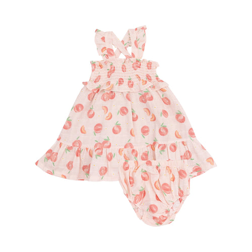 Sweet Peach Organic Cotton Muslin Smocked Ruffle Sundress & Diaper Cover