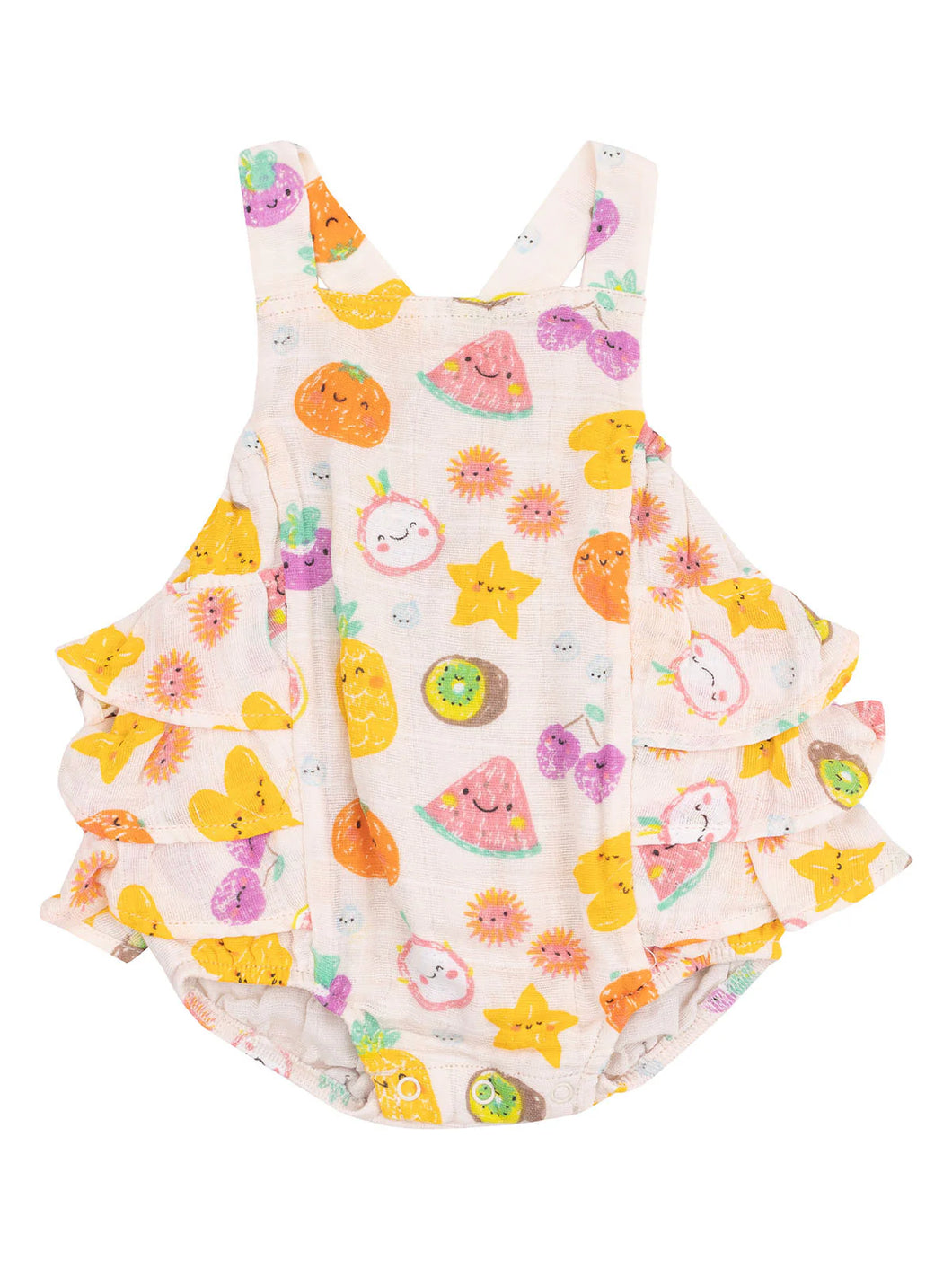 Tropical Market Fruit Organic Cotton Muslin Ruffle Sunsuit