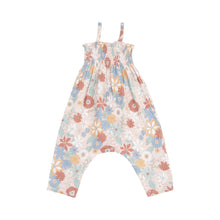 3-6mos Tropical Retro Floral Organic Cotton Muslin Faux Bow Tie Strap Smocked Romper