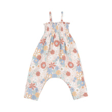 3-6mos Tropical Retro Floral Organic Cotton Muslin Faux Bow Tie Strap Smocked Romper