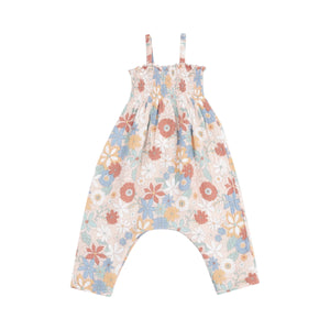 Tropical Retro Floral Organic Cotton Muslin Faux Tie Strap Smocked Romper