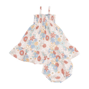 Tropical Retro Floral Organic Cotton Muslin Tie Strap Smocked Sundress & Diaper Cover