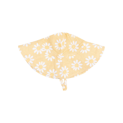 Yellow Mod Daisy Organic Cotton Muslin Wide Brim Sunhat with Chin Strap