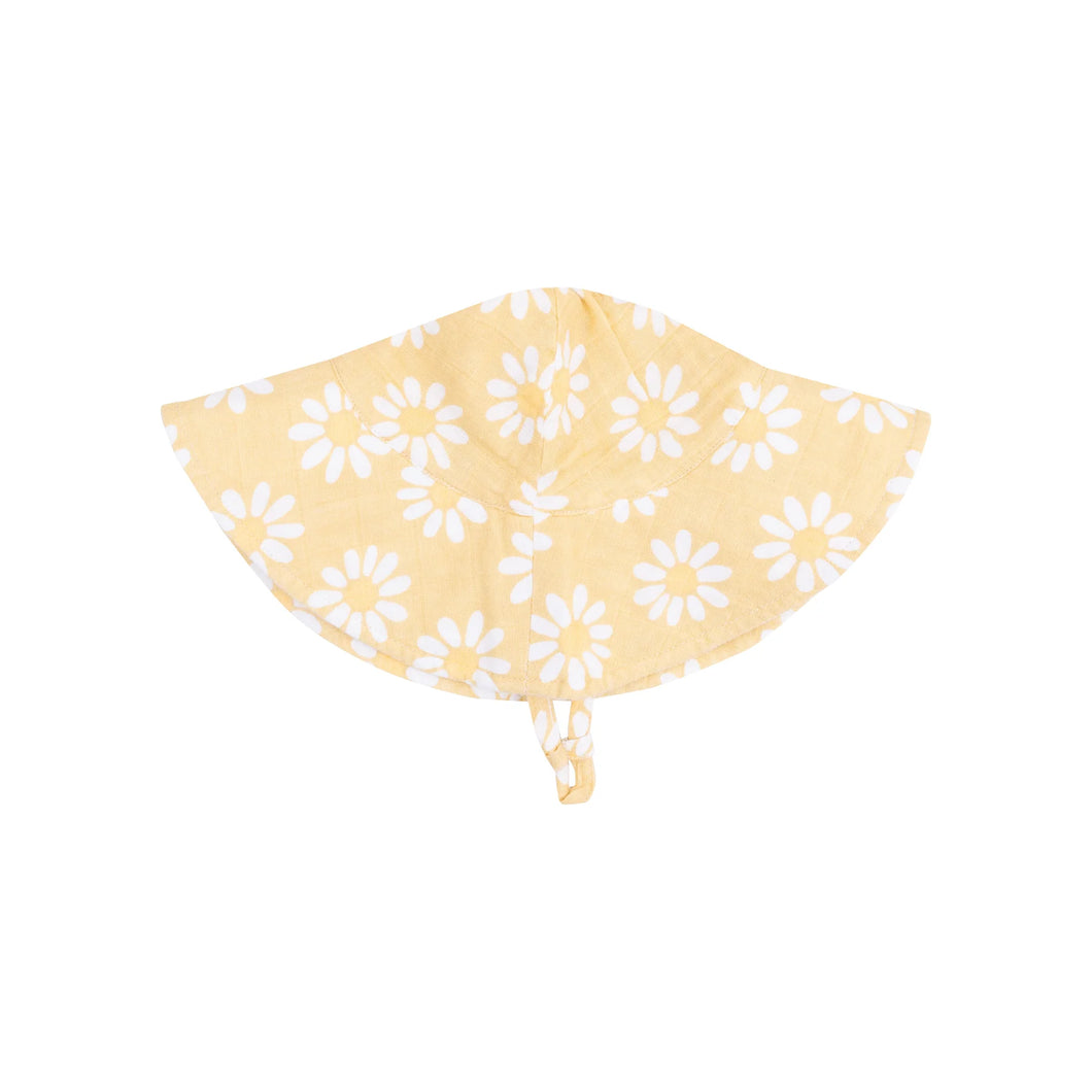 Yellow Mod Daisy Organic Cotton Muslin Wide Brim Sunhat with Chin Strap
