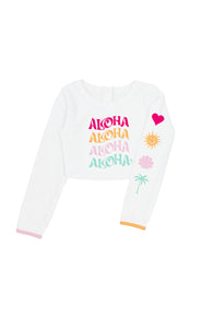 Aloha Crop Long Sleeve Rash Guard Top in White
