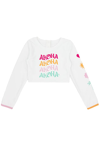Aloha Crop Long Sleeve Rash Guard Top in White