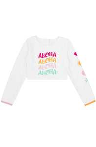 Aloha Crop Long Sleeve Rash Guard Top in White