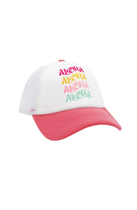 Aloha Rainbow Trucker Hat in Hot Coral/White