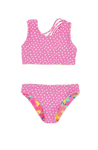 3yrs, 4yrs REVERSIBLE 4 Way Summer Sun Bikini in Multi Floral Pink Carnation