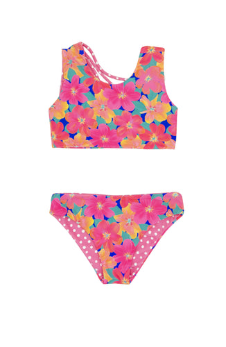 3yrs, 4yrs REVERSIBLE 4 Way Summer Sun Bikini in Multi Floral Pink Carnation