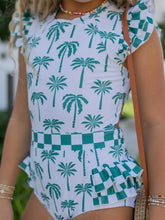 Grace Green Palm Check Open Back One Piece Ruffle Swimsuit