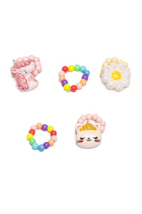 Flower, Kitty, Unicorn Elastic Ring Set of 5