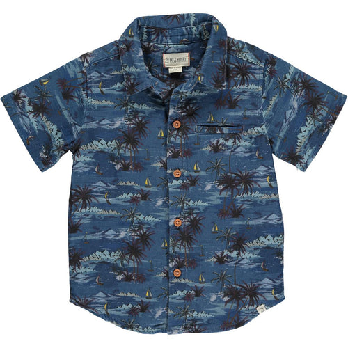 Maui Blue Hawaiian Print Woven Button Down Aloha Shirt